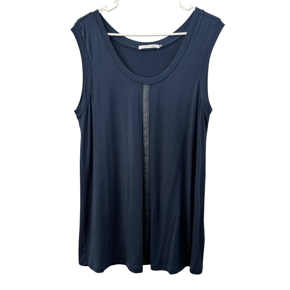 Elaine Kim Womens Navy Blue Faux Leather Trim Sleeveless Scoop Neck Tunic Top L